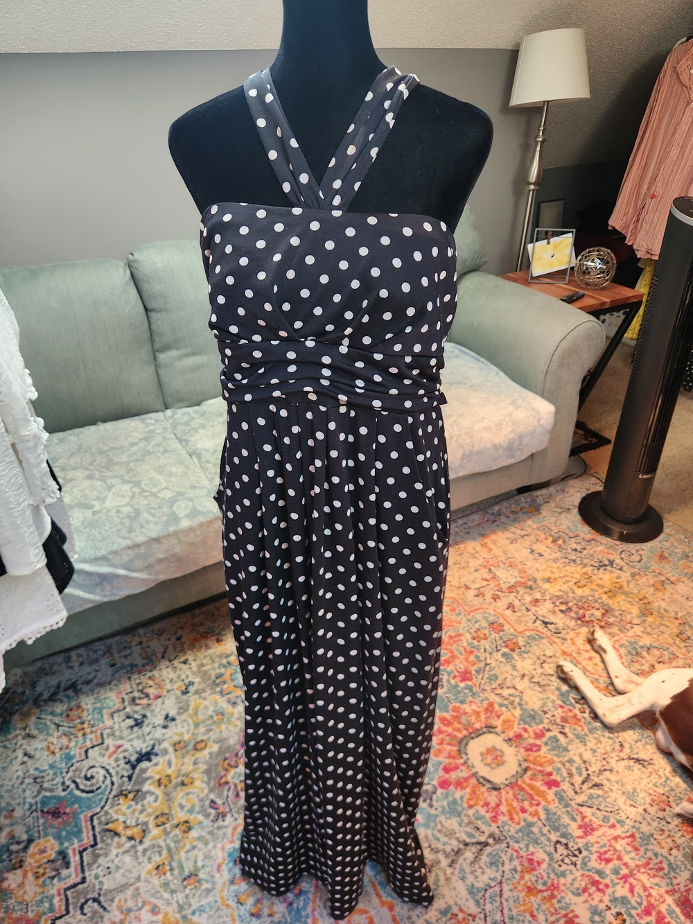 JFW Black Polka Dot Maxi Dress with Cross-Strap XL So Cute!